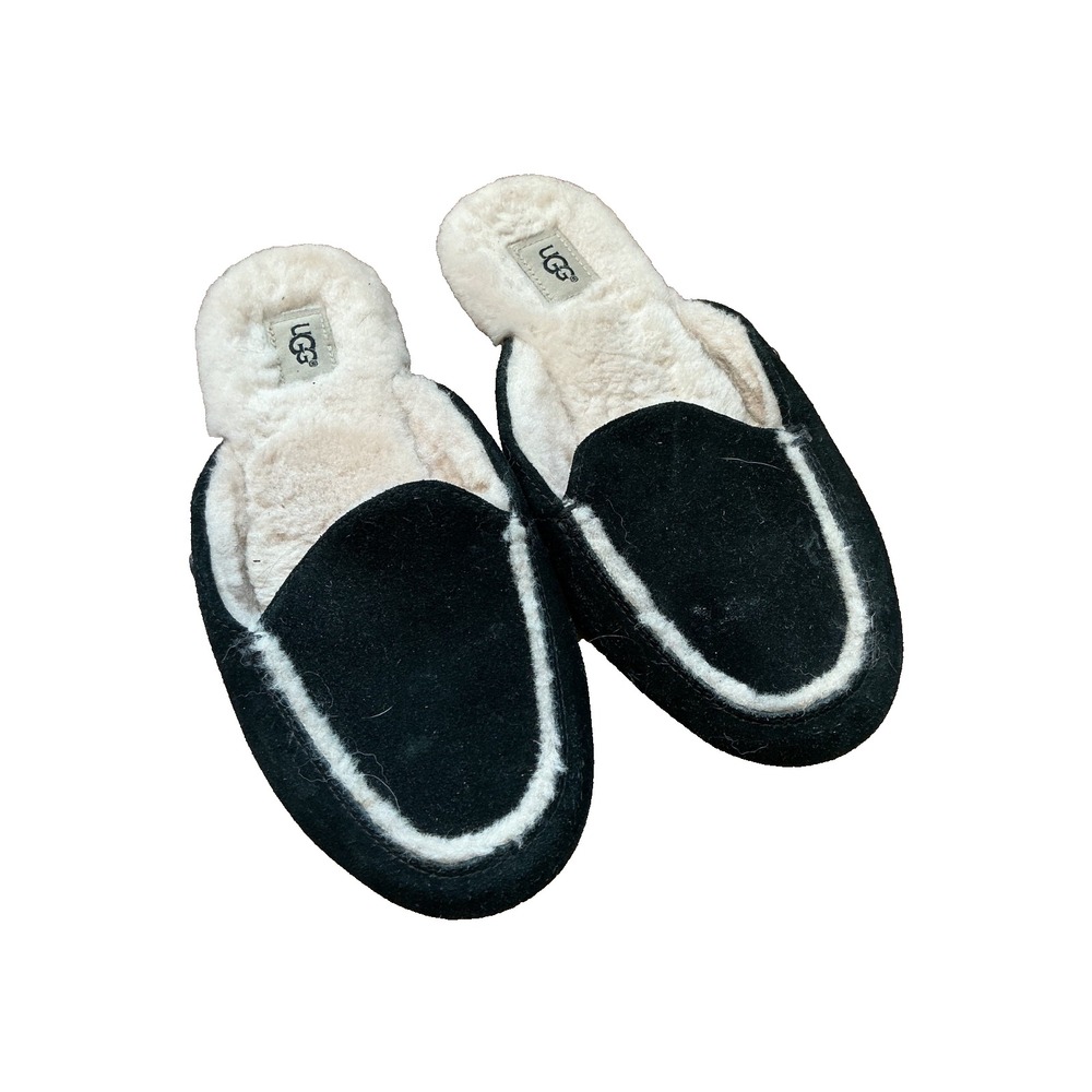 UGG Lane Womens Sheepskin Lined Slip On Loafer Slippers Black Suede Size 6